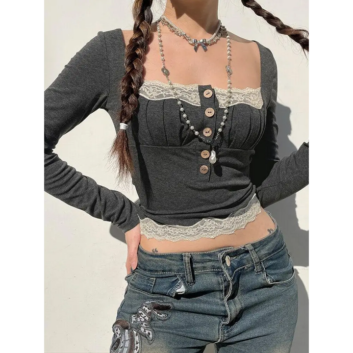 Fairy grunge gray lace crop top with square neckline