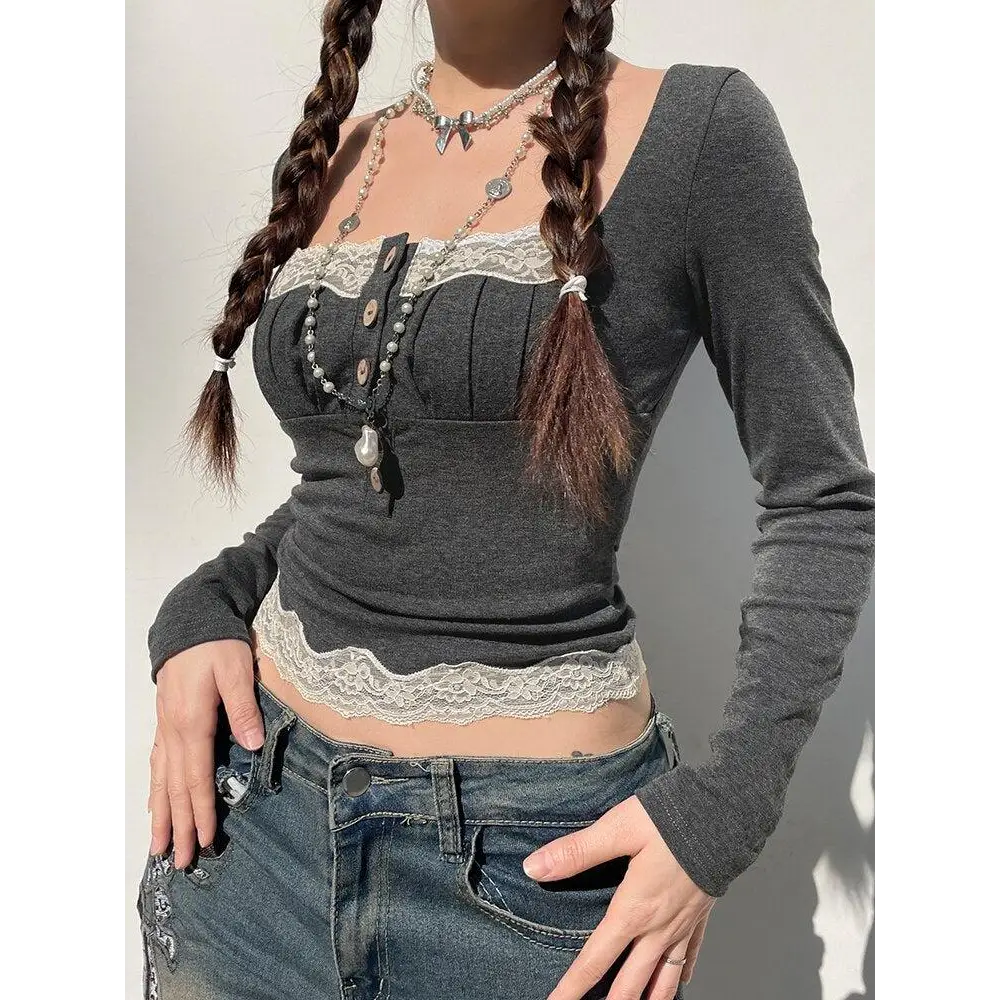 Fairy grunge gray lace crop top with square neckline