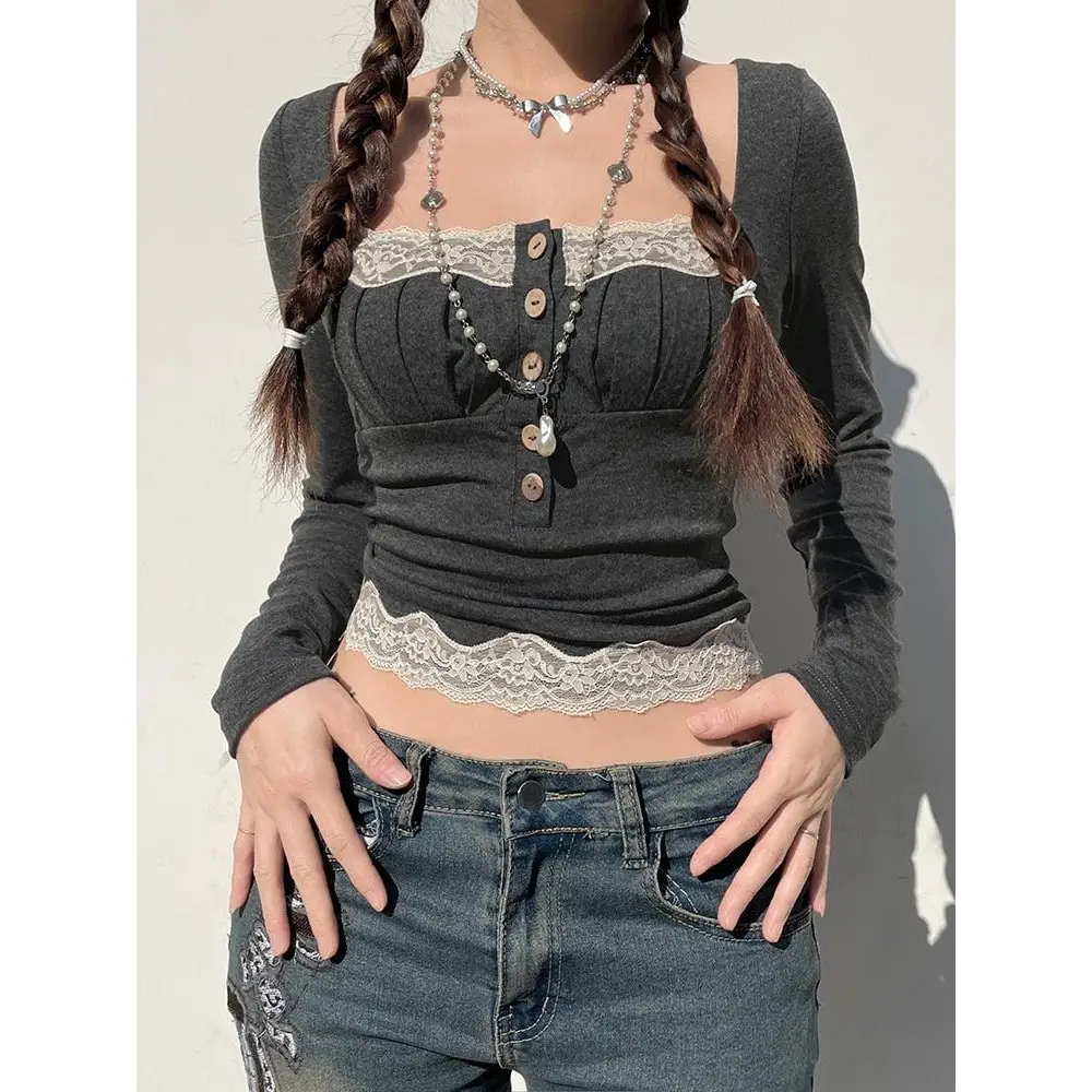 Fairy grunge lace crop top - gray / s