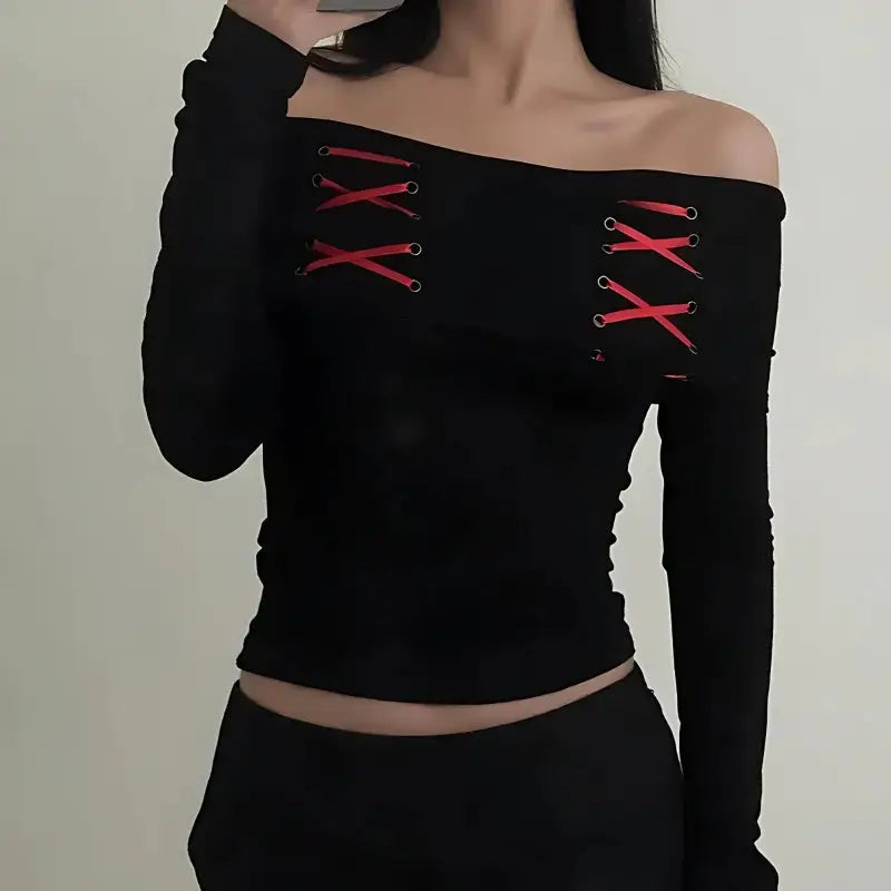 Fairy grunge off-shoulder top with lace-up accents - red / s