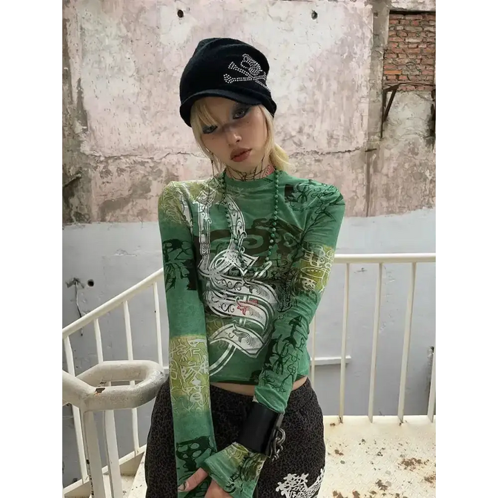 Fairy grunge green jacket with enchanting designs - s - top