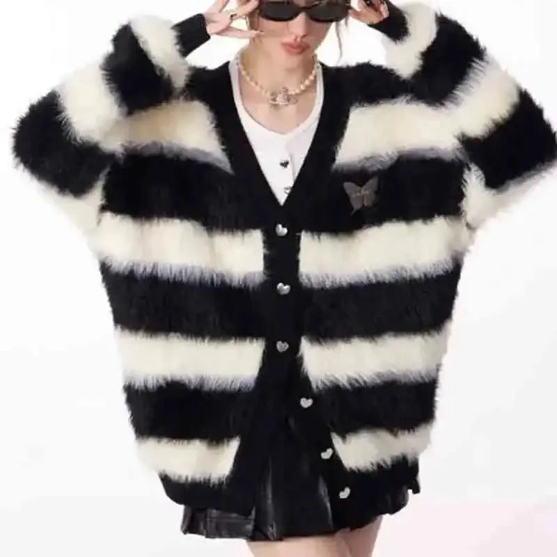 Y2k striped loose fit v-neck jacket with full zip for women