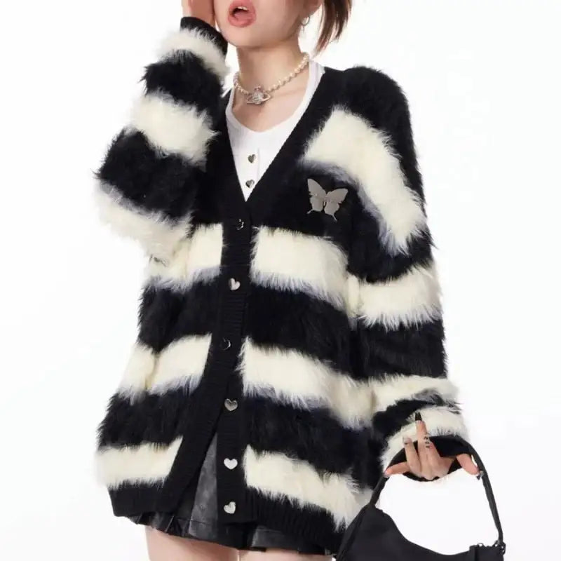 Fairycore black and white striped cardigan