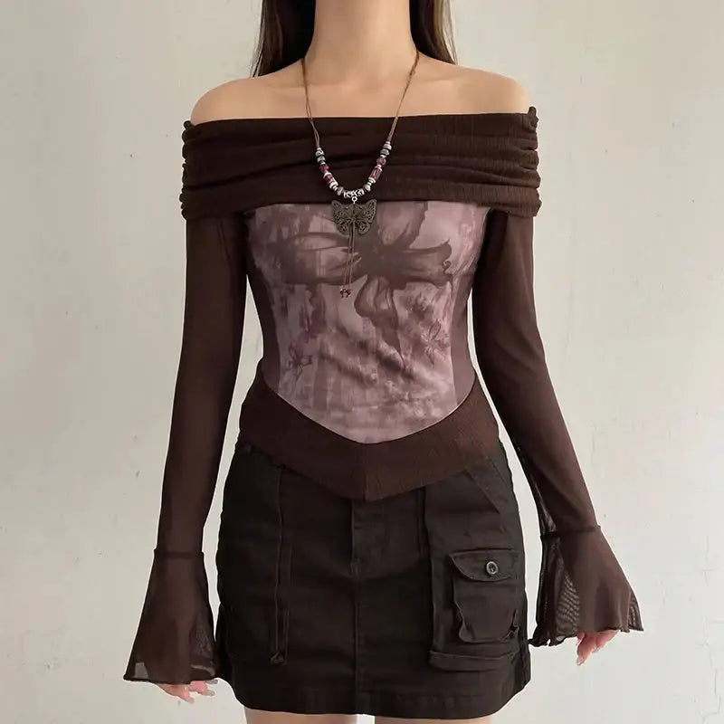 Fairycore butterfly ruched off shoulder top with mesh material sleeves - brown / s