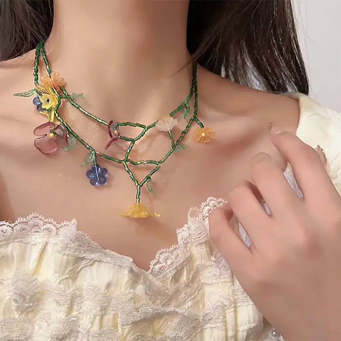 Fairycore flower layered necklace - standart / green