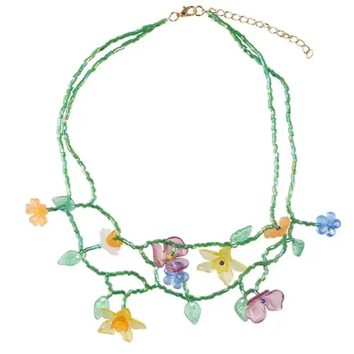 Fairycore flower layered necklace - standart / green