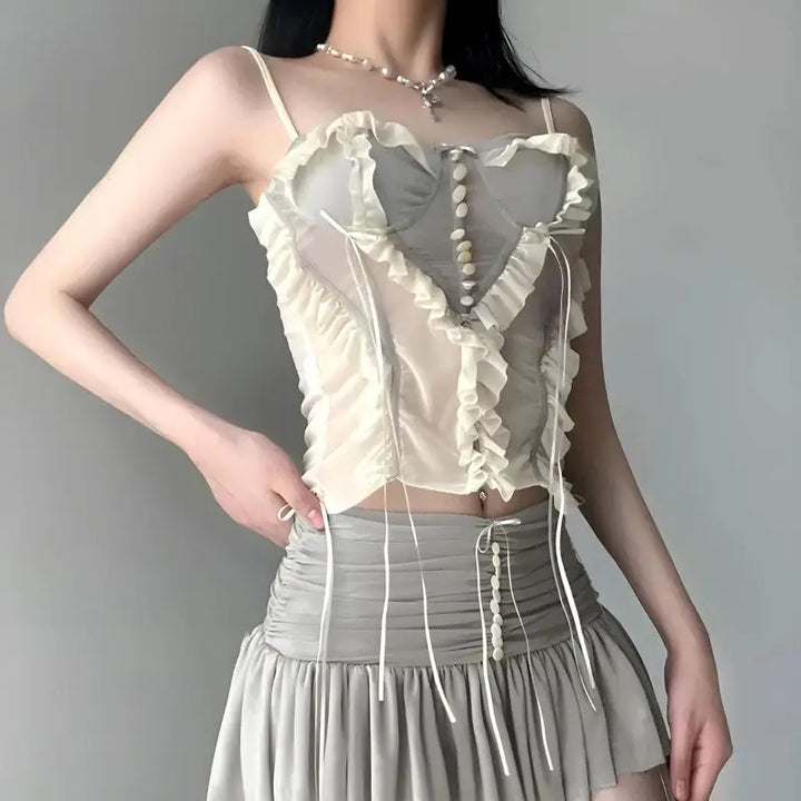 Enchanting ruffled mesh corset for ethereal style - top