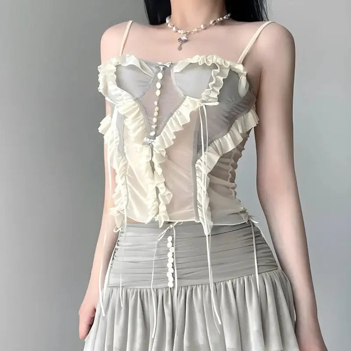 Enchanting ruffled mesh corset for ethereal style - gray / xs - top