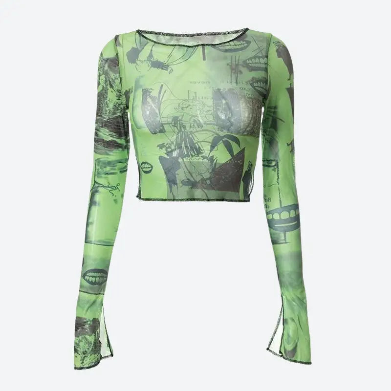 Y2k sheer jacket with unique slits and vibrant print - crop top