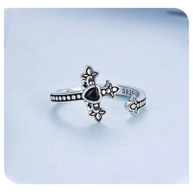 Faith cross black zircon 925 sterling silver ring y2k - rings