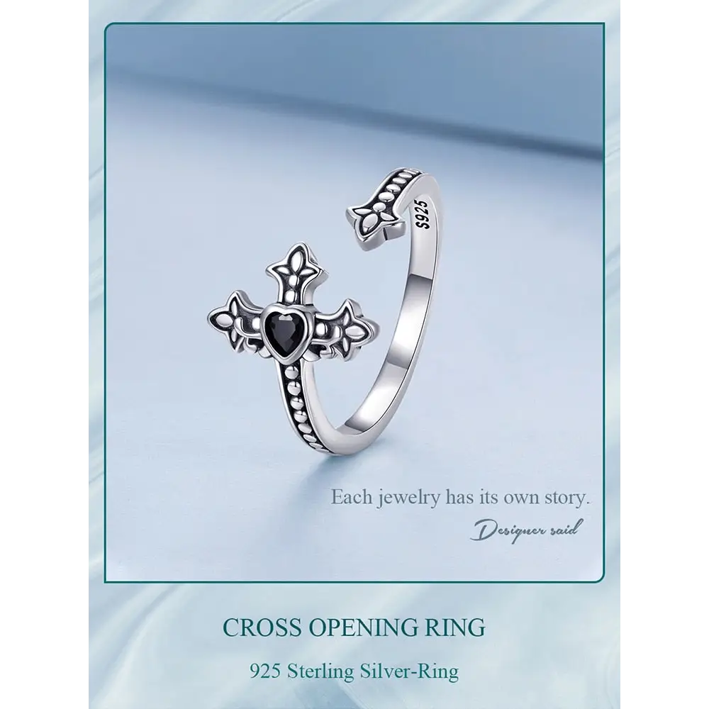 Faith cross black zircon 925 sterling silver ring y2k - rings