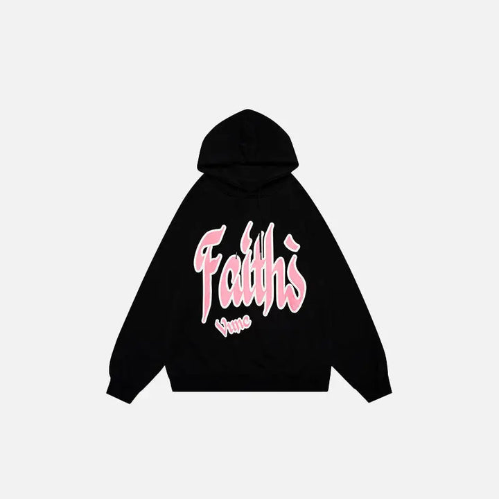 ’faith’s’ letter print loose hoodie y2k - black / m - hoodies