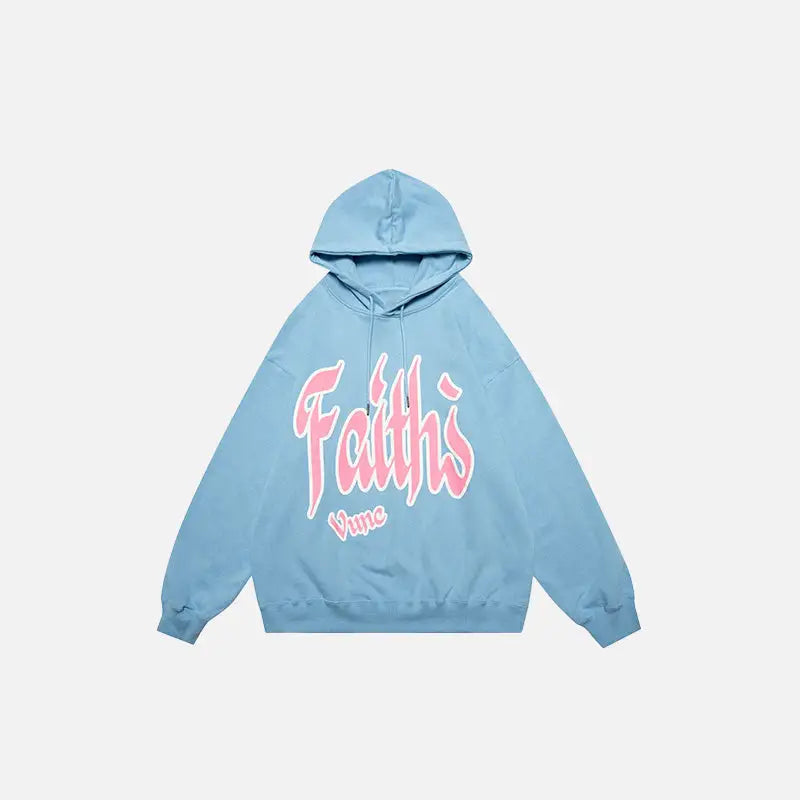 ’faith’s’ letter print loose hoodie y2k - blue / m - hoodies