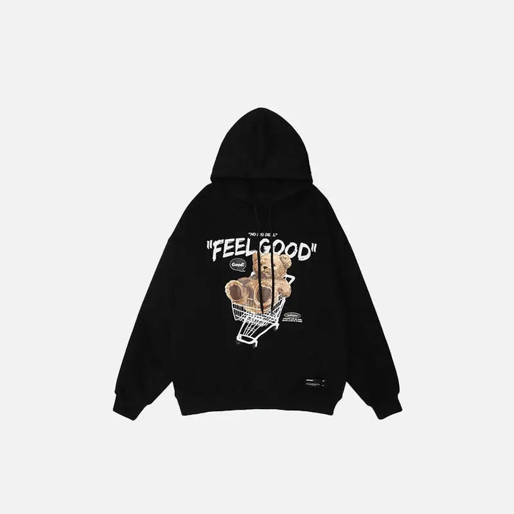 Feel good bear print hoodie y2k - black / m - hoodies