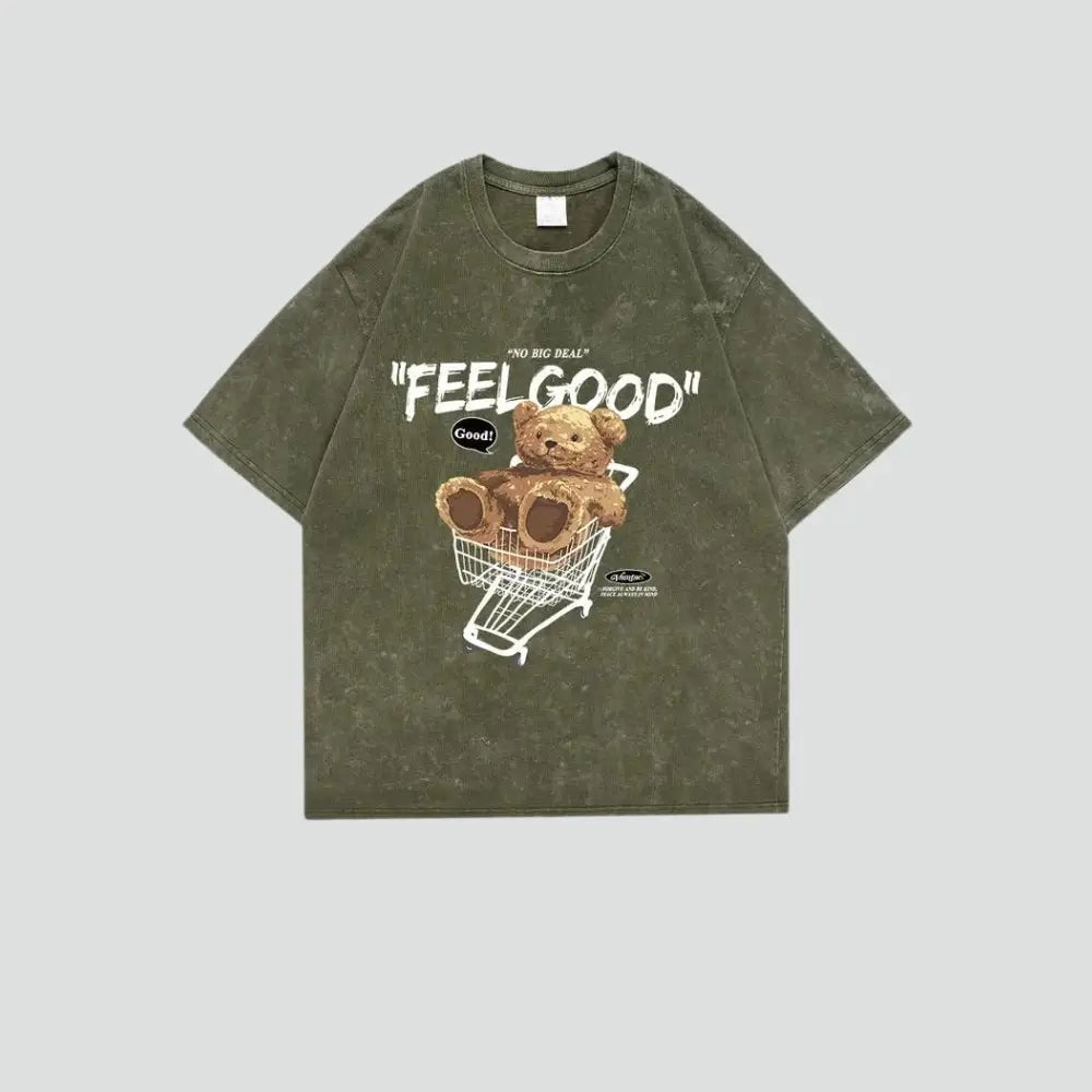 Cute teddy print cotton crew neck tee in vibrant colors - dark green / s