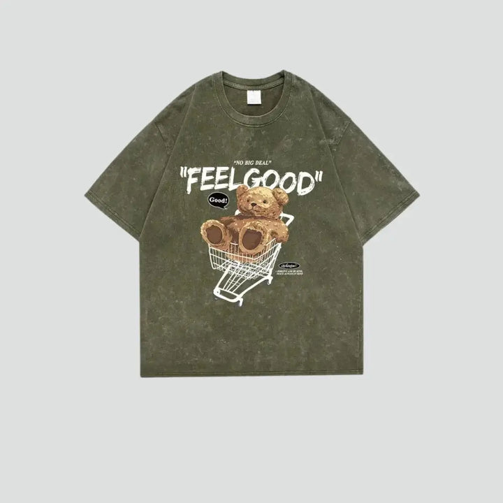 Cute teddy print cotton crew neck tee in vibrant colors - dark green / s