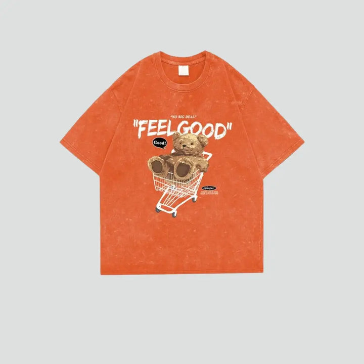 Cute teddy print cotton crew neck tee in vibrant colors - orange / s