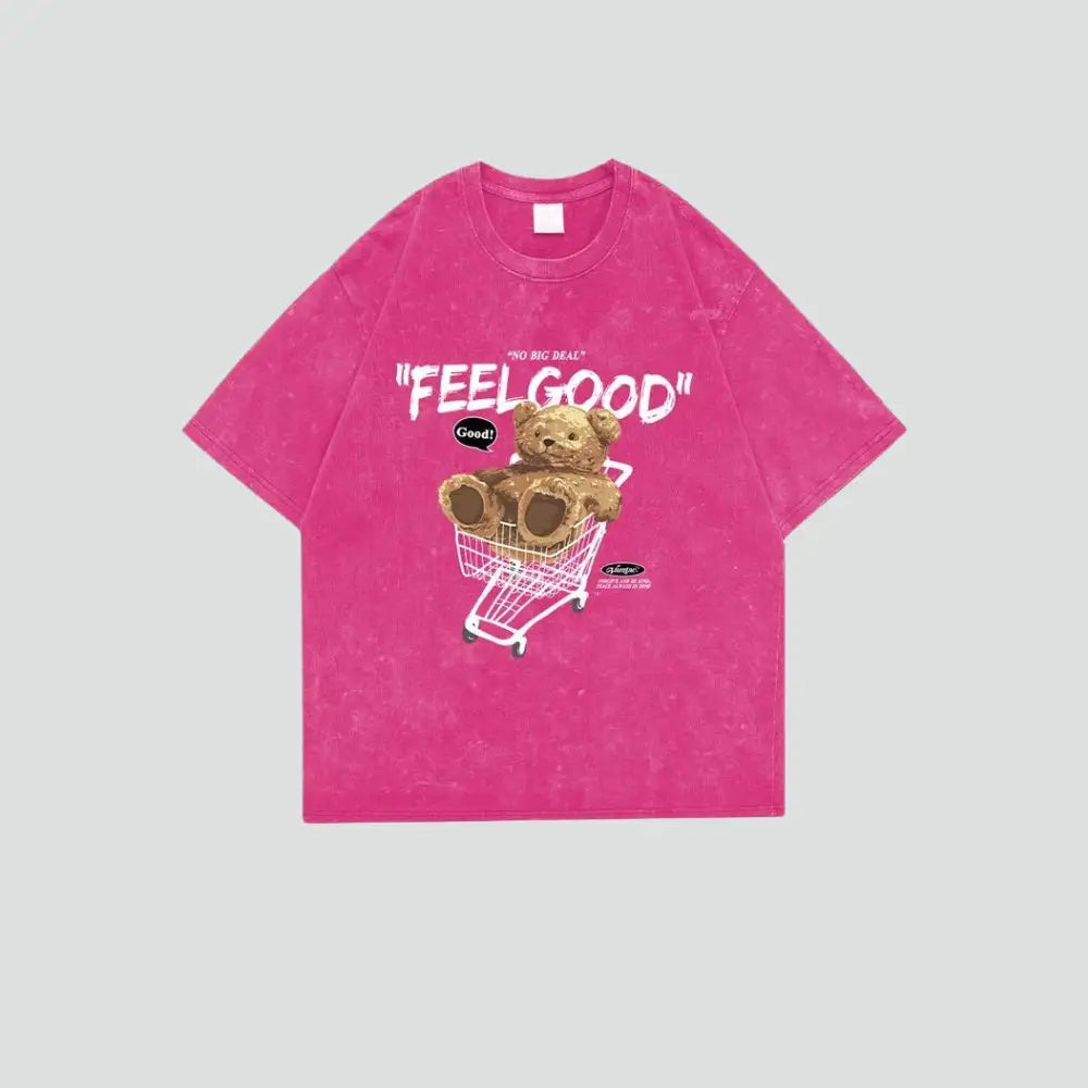 Cute teddy print cotton crew neck tee in vibrant colors - pink / s