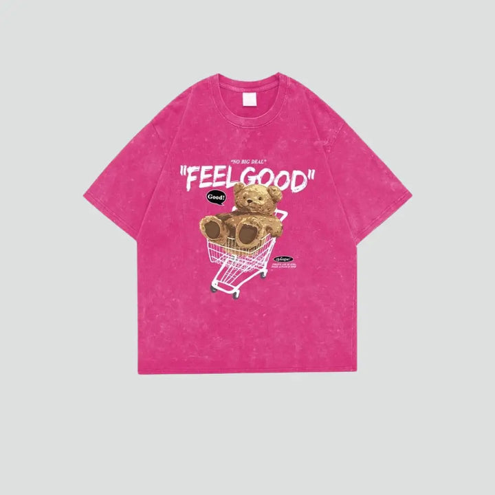 Cute teddy print cotton crew neck tee in vibrant colors - pink / s