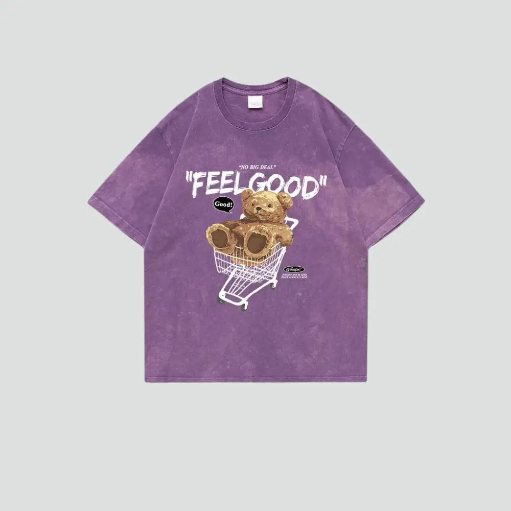 Cute teddy print cotton crew neck tee in vibrant colors - purple / s