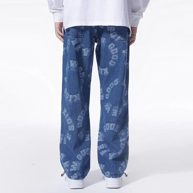 Y2k straight leg jeans with distinctive graphic print