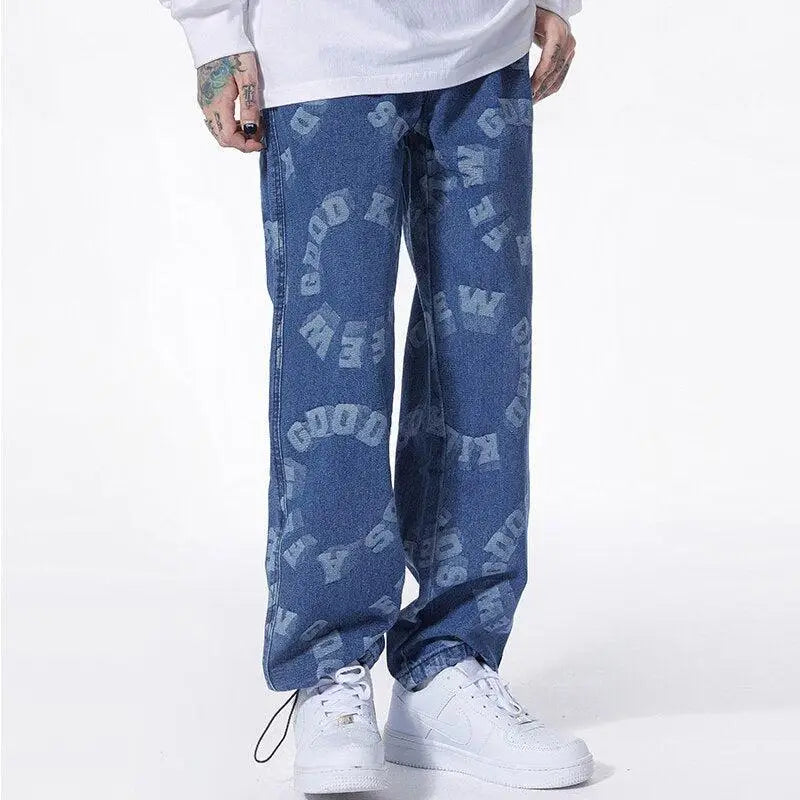 Y2k straight leg jeans with distinctive graphic print