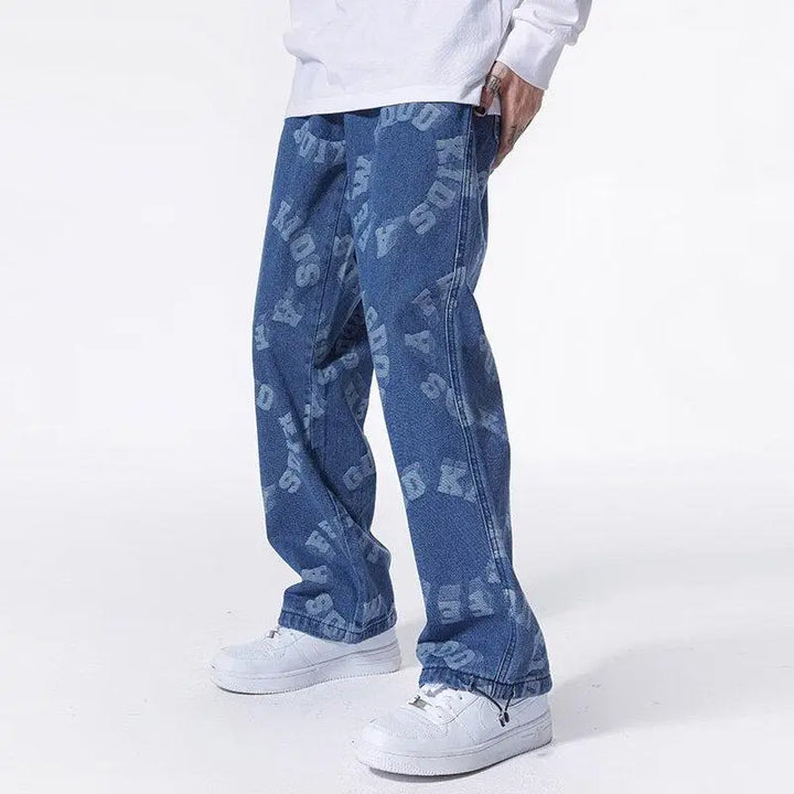 Y2k straight leg jeans with distinctive graphic print - dark blue / m