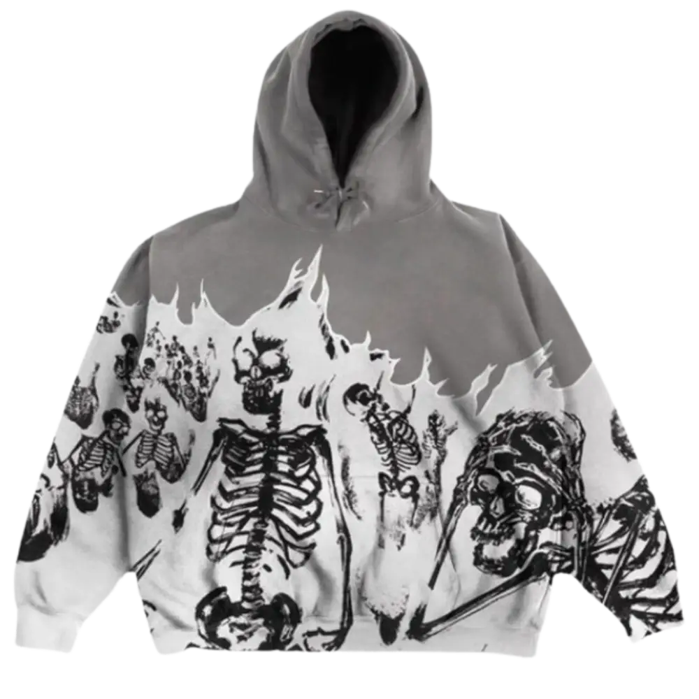 Flaming skeleton y2k hoodie grey - grey-white / m