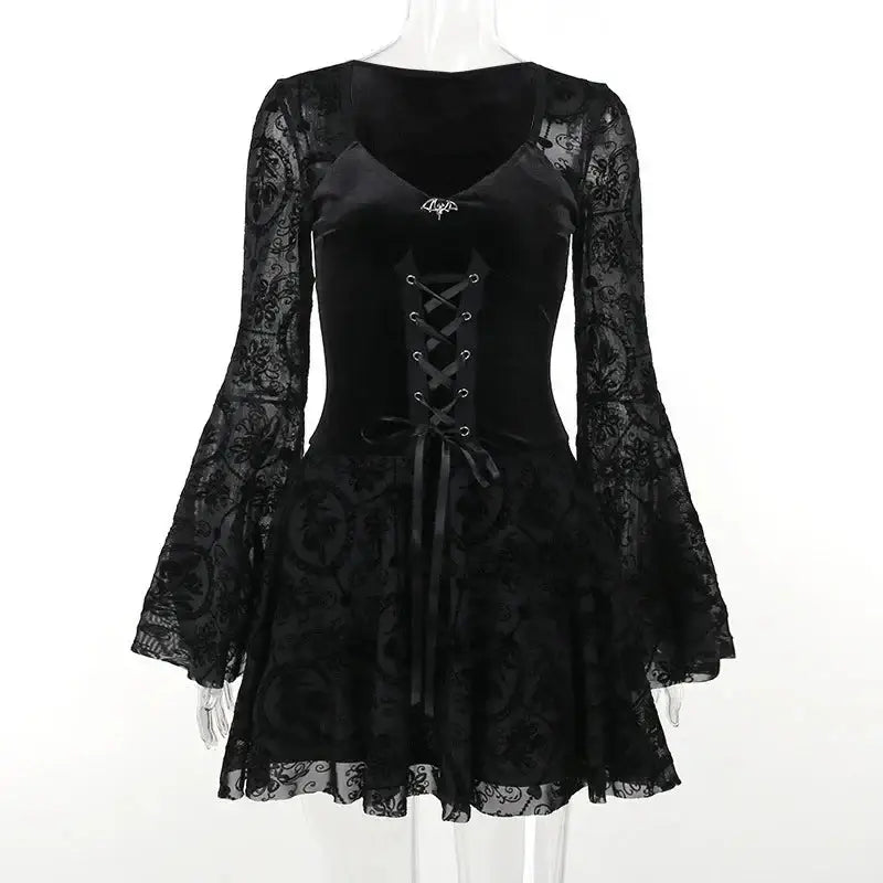 Y2k floral velvet dress with flare sleeves and lace-up detail - black / s