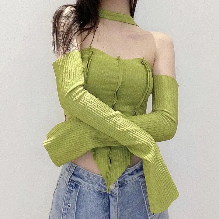 Green halter top with flared sleeves for y2k inspired style