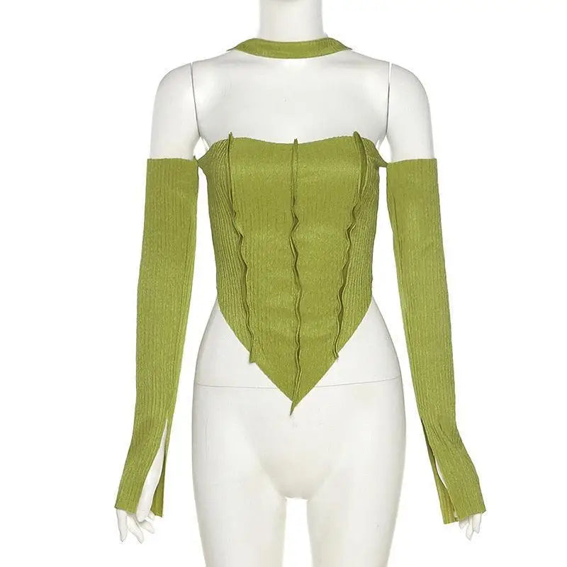 Green halter top with flared sleeves for y2k inspired style