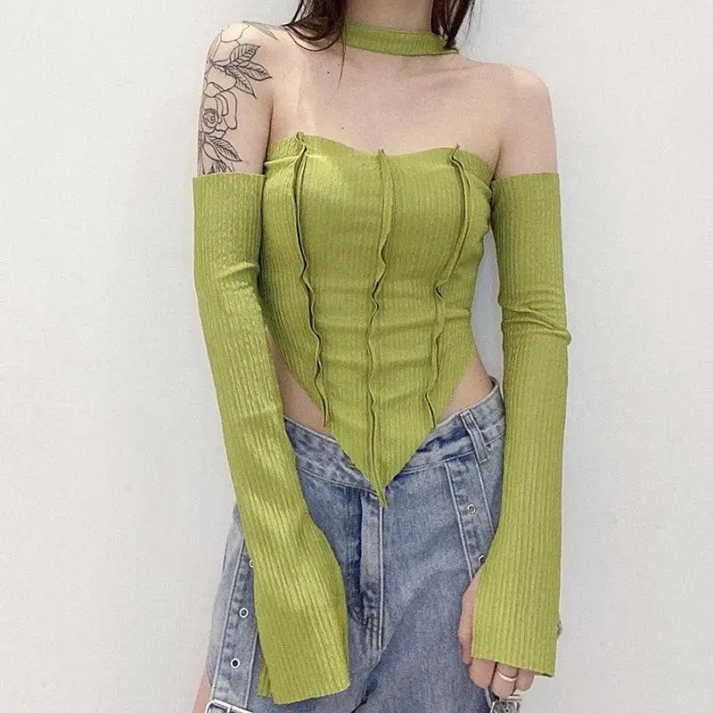 Green halter top with flared sleeves for y2k inspired style