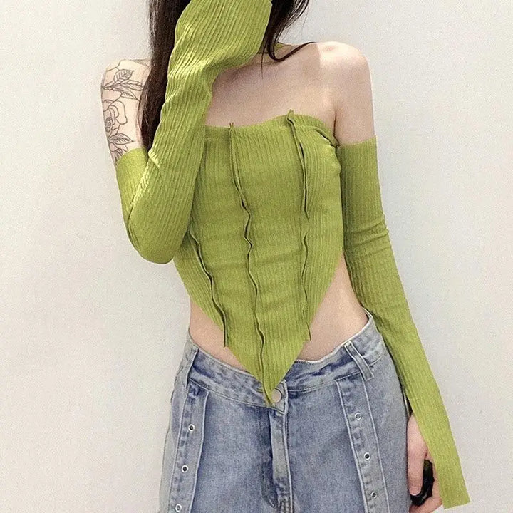 Green halter top with flared sleeves for y2k inspired style