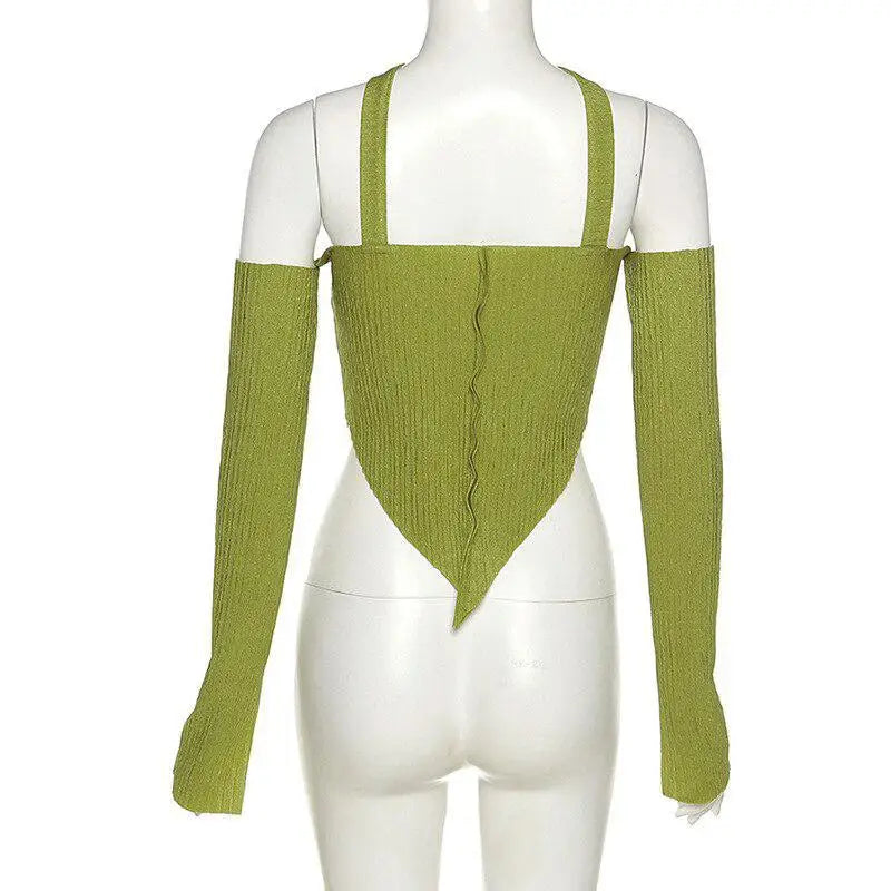 Green halter top with flared sleeves for y2k inspired style