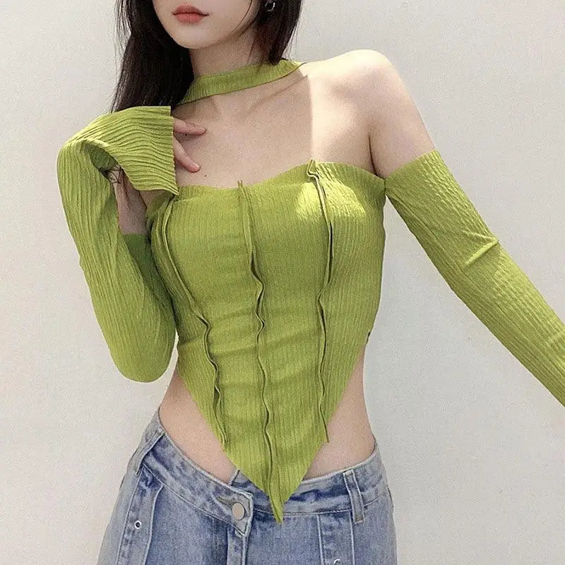 Green halter top with flared sleeves for y2k inspired style - s