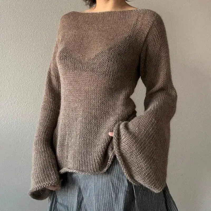 Chic open-back knitted sweater for a y2k winter wardrobe upgrade - brown / s - top