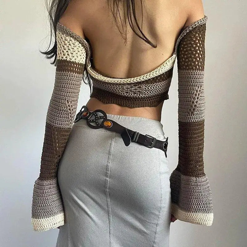 Flared sleeve crop crochet sweater