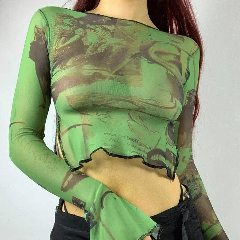 Green pattern mesh crop top with sheer material and flared sleeves - s