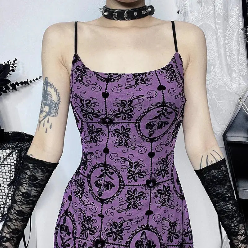 Y2k floral spaghetti strap mini dress with backless design