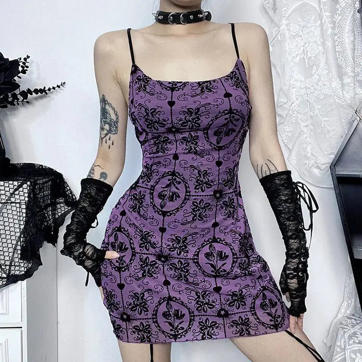 Y2k floral spaghetti strap mini dress with backless design - purple / s