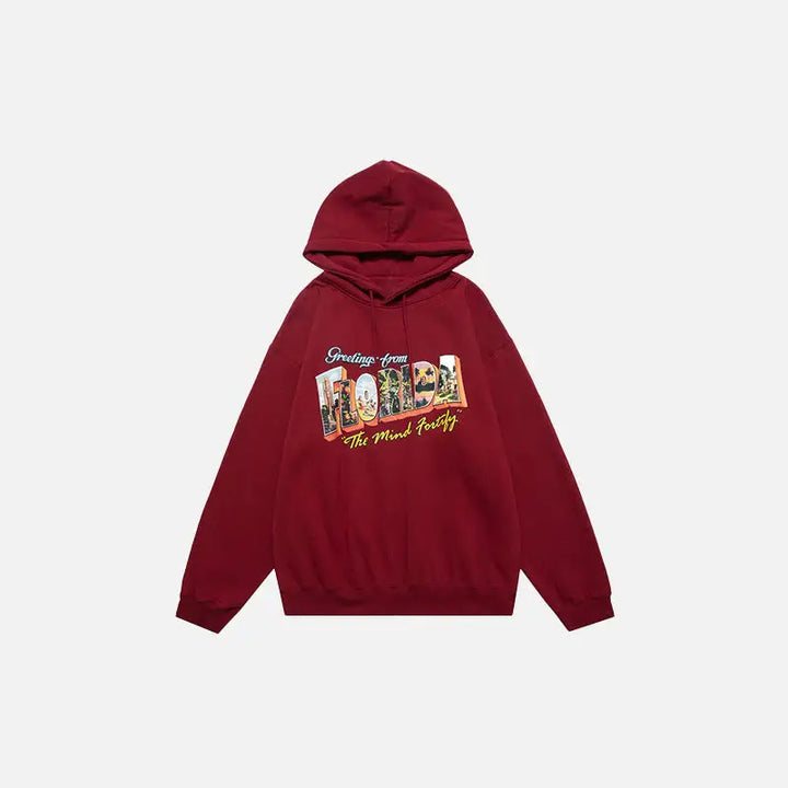 ’florida’ fleece letter print hoodie y2k - red / m - hoodies