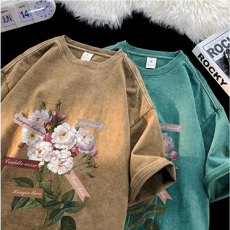 Y2k flower print cotton-polyester crew neck tee