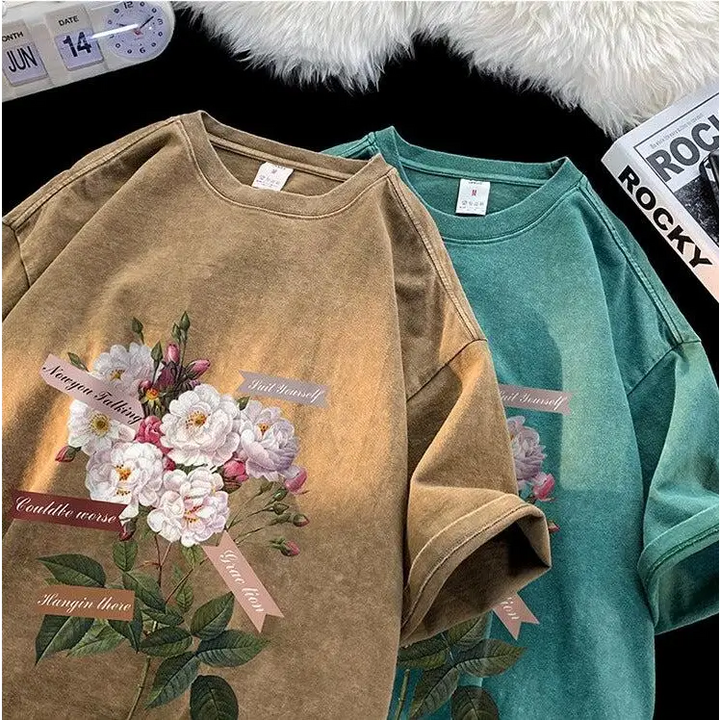 Y2k flower print cotton-polyester crew neck tee