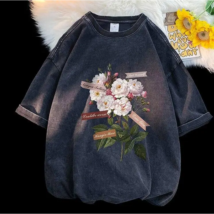 Y2k flower print cotton-polyester crew neck tee - black / s