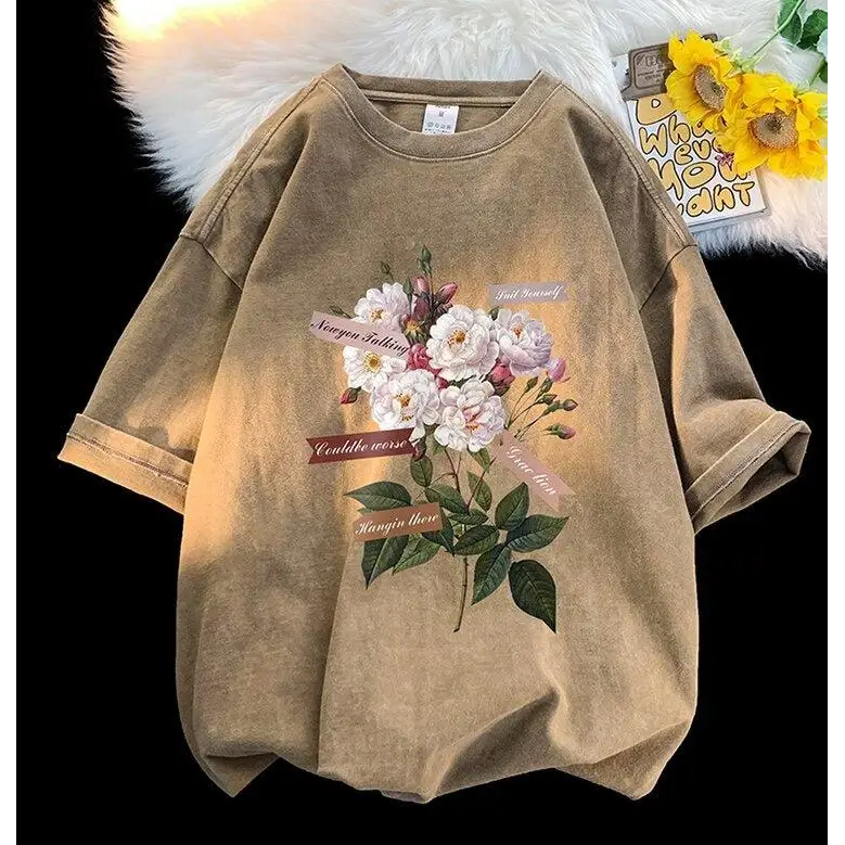 Y2k flower print cotton-polyester crew neck tee - brown / s