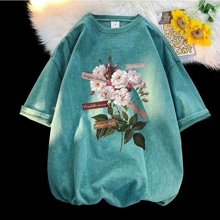 Y2k flower print cotton-polyester crew neck tee - light green / s