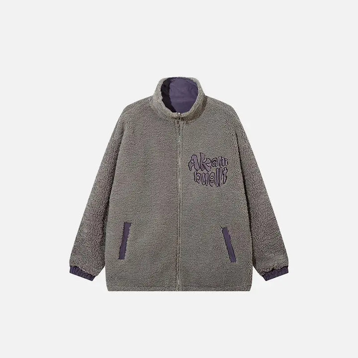 Fluffy fleece zip-up jacket y2k - gray / m