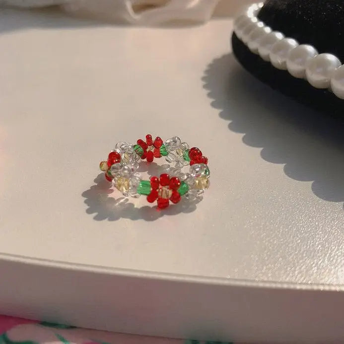 Y2k cute elastic flower beaded rings as seen on tiktok and pinterest - ring