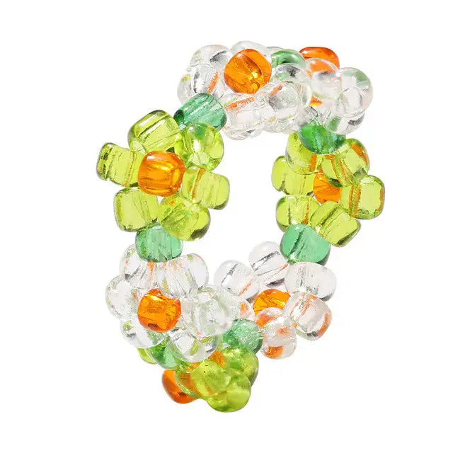 Y2k cute elastic flower beaded rings as seen on tiktok and pinterest - adjustable / green/orange - ring