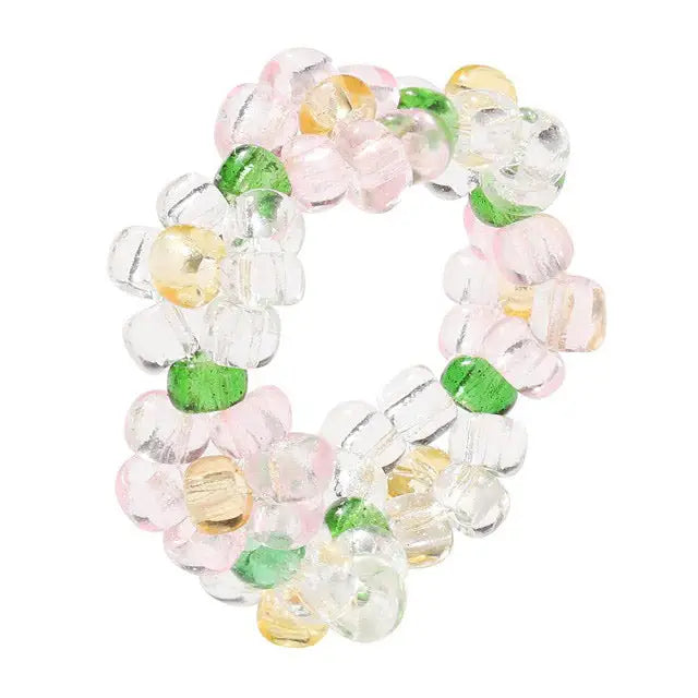 Y2k cute elastic flower beaded rings as seen on tiktok and pinterest - adjustable / pink/green - ring